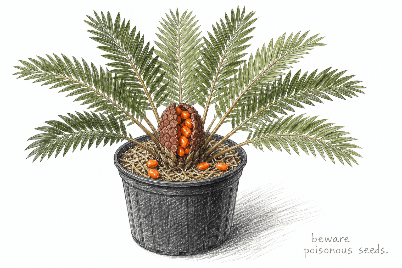 Colored-pencil sketch of a potted coontie with an open cone of bright orange seeds and handwritten text that says beware poisonous seeds