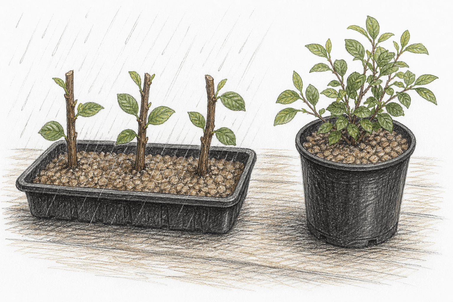 Colored-pencil sketch of a cutting tray under August rain next to a rooted plant in a one-gallon nursery pot